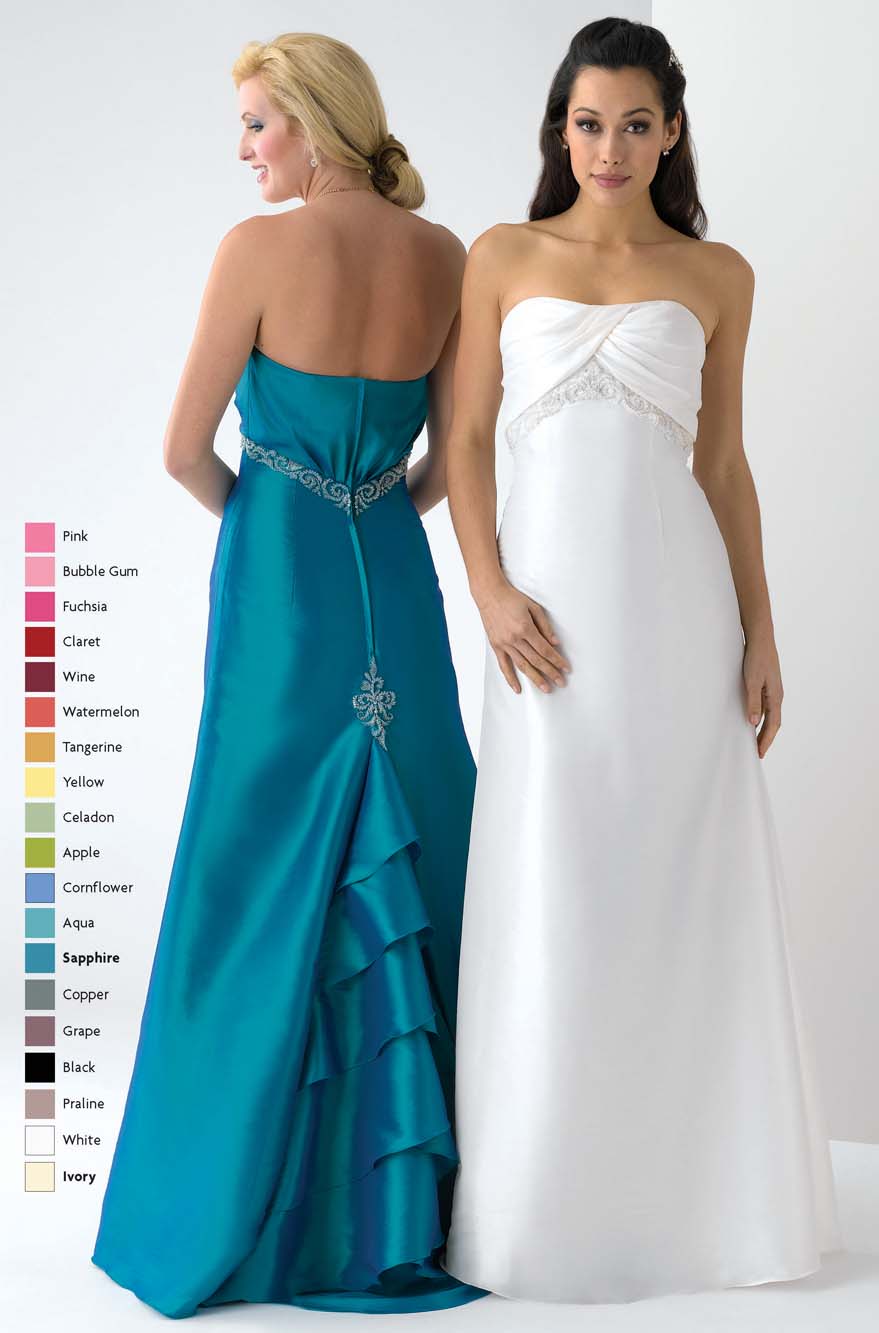 Sapphire A Line Strapless Zipper Floor Length Satin Prom Dresses With Ruffles And Embroidery 