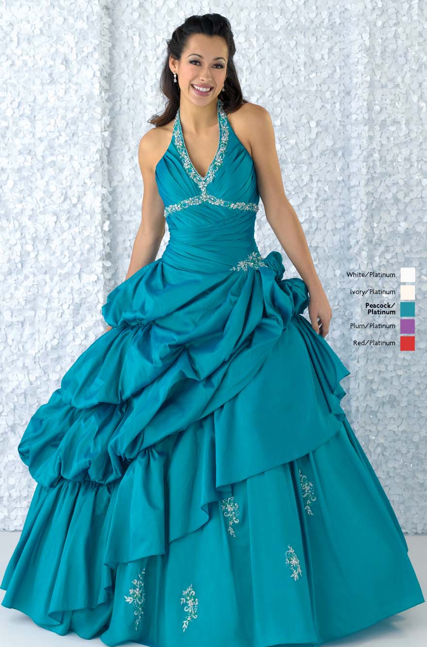 Peacock Ball Gown Halter V Neck Bandage Full Length Quinceanera Dresses With Sequins And Ruffles 
