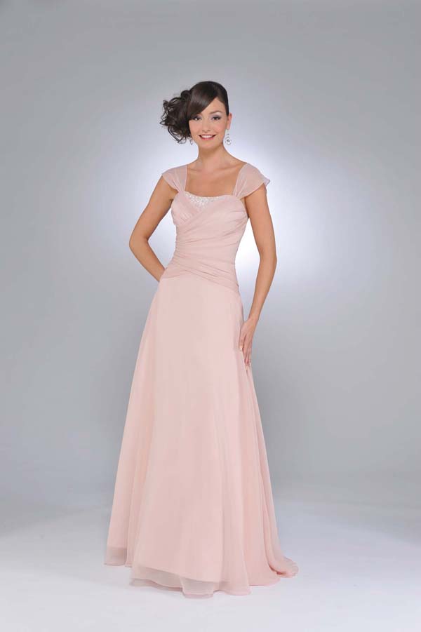 Pearl Pink A Line Cap Sleeves And Square Open Back Ruffled Floor Length Chiffon Prom Dresses