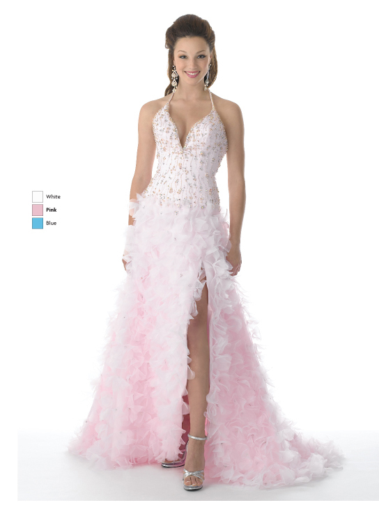 Pink A Line Halter And V Neck Low Back Sweep Train Full Length Prom Dresses With Beading And Ruffles And High Slit 
