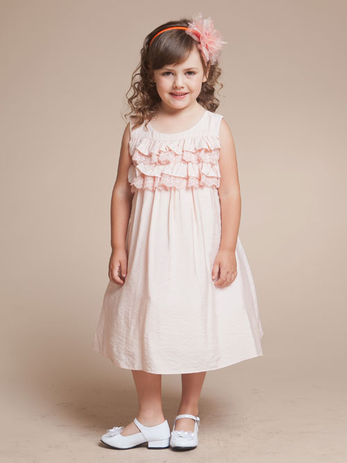 Baby Pink A Line Scoop Tea Length Flower Girl Dresses With Ruffles And Lace 