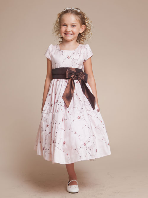 Pink Square Neck Short Sleeves Tea Length Printed A Line Flower Girl Dresses With Chocolate Sash 