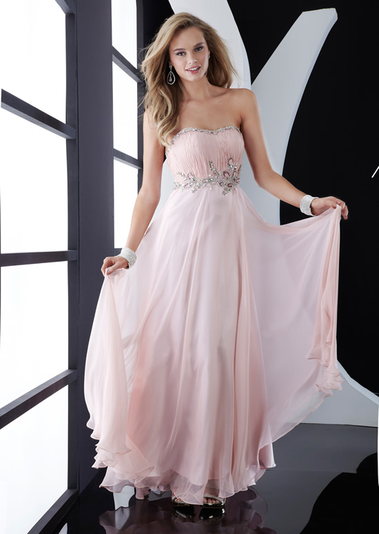 Pearl Pink A Line Strapless Sweetheart Zipper Floor Length Chiffon Evening Dresses With Jewel And Ruffles 