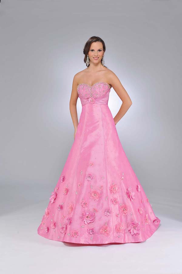 Pink A Line Strapless Sweetheart Zipper Sweep Train Full Length Satin Prom Dresses With Appliques And Beadings 