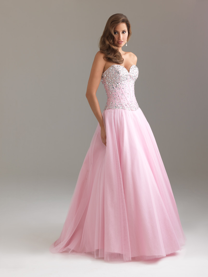 Pink A Line Strapless Sweetheart Floor Length Lace Up Beaded Tulle Prom Dresses