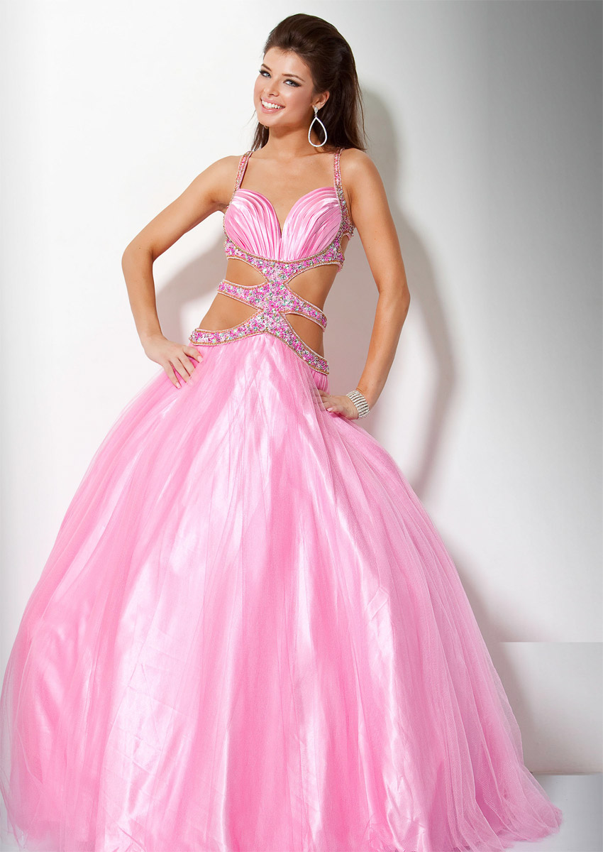 Sexy Pink Ball Gown Spaghetti Straps Cross Back Full Length Zipper Sequined Prom Dresses