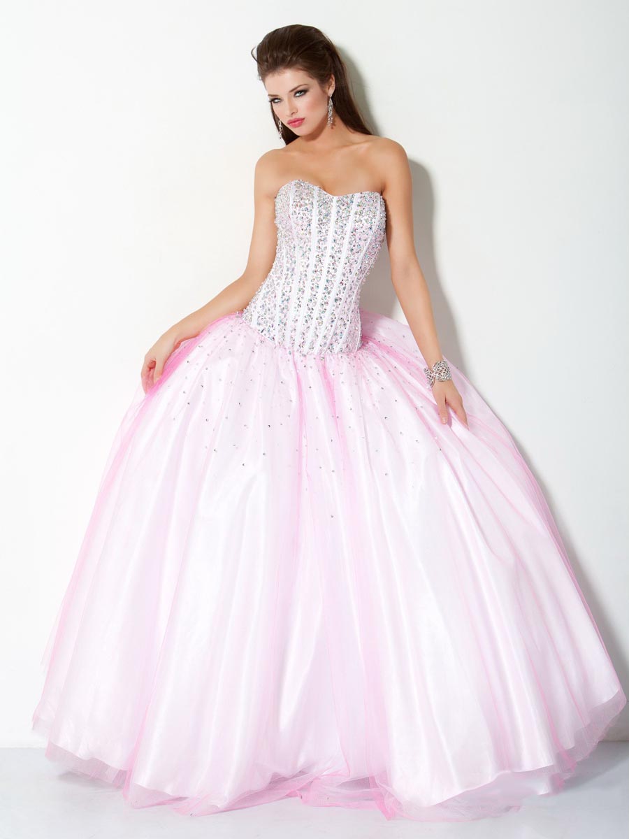 Baby Pink Ball Gown Sweetheart Full Length Zipper Prom Dresses With Sequins And Tulle 