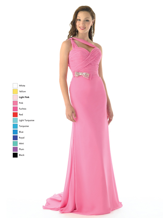 Pink Column One Shoulder Sweetheart Open Back Sweep Train Floor Length Chiffon Prom Dresses With Sequined Bowknot