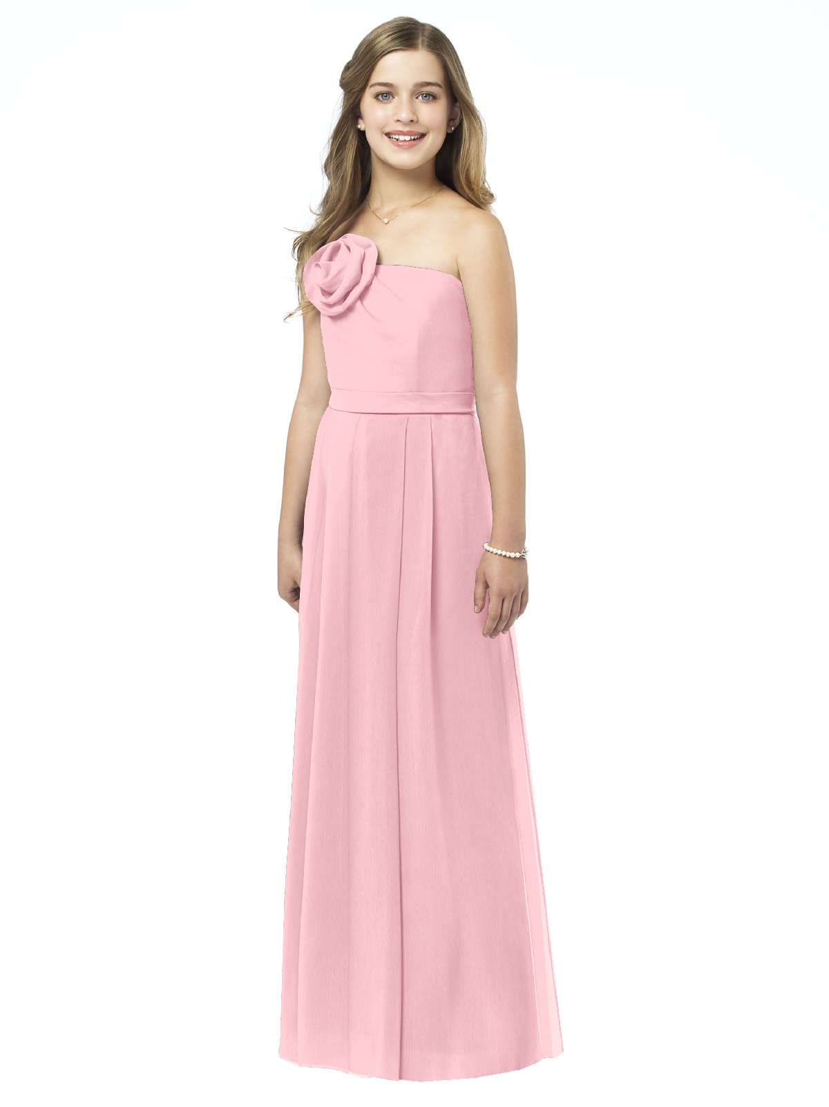 Pink Column Strapless Zipper Floor Length Chiffon Prom Dresses With Flowers 