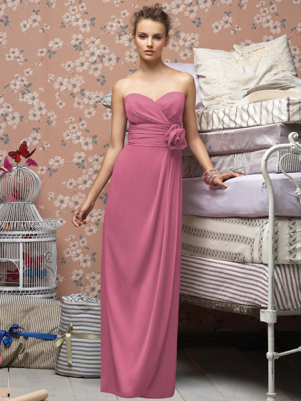 Pink Column Strapless Sweetheart Zipper Floor Length Satin Prom Dresses With Drapes And Flowers 