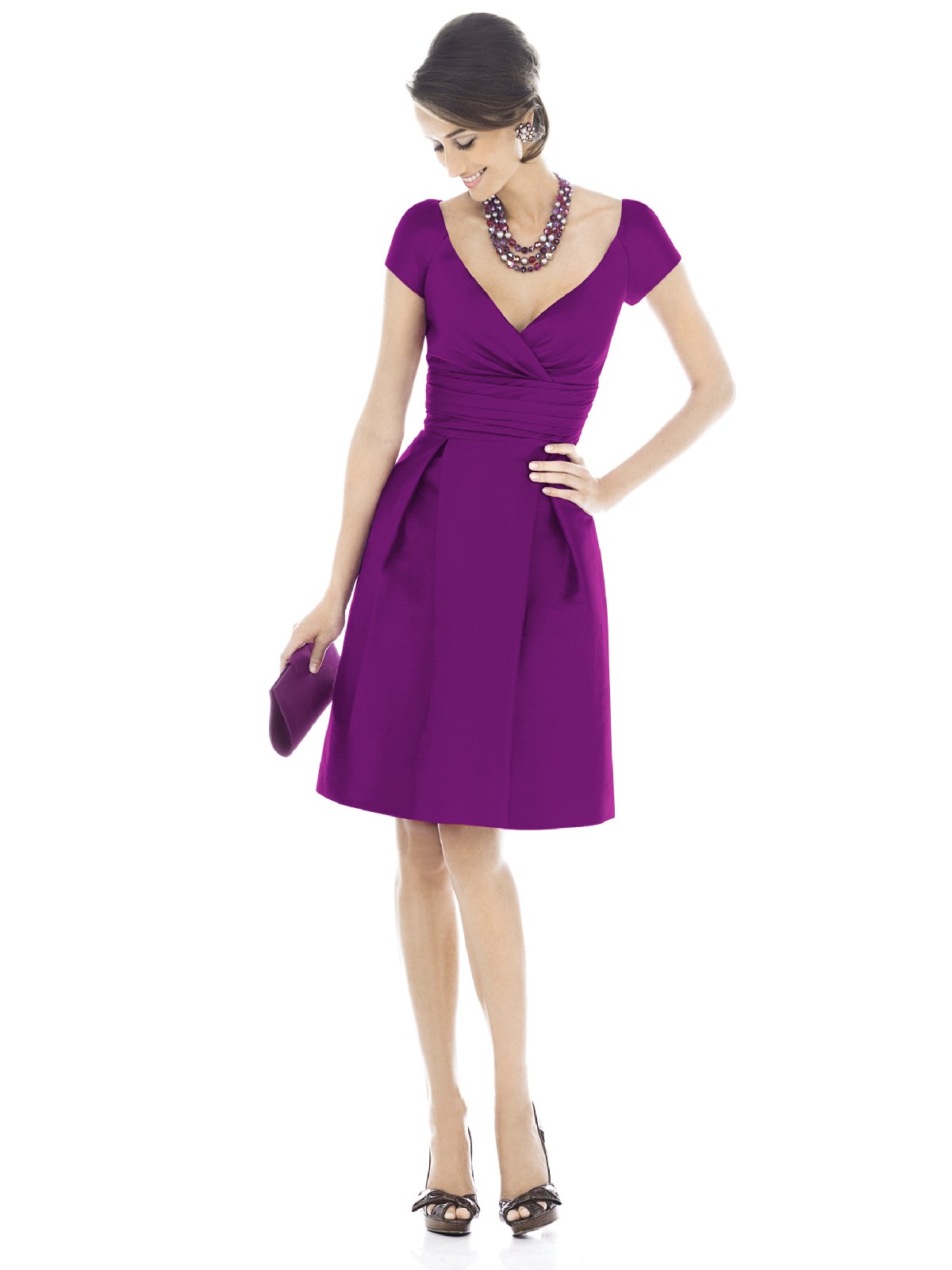 Purple A Line Deep V Neck Short Sleeve Zipper Knee Length Prom Dresses With Drapes