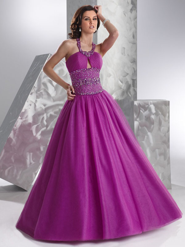 Purple A Line Halter Open Back Floor Length Tulle Prom Dresses With Jewel And Pleats