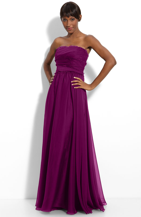 Purple A Line Strapless Floor Length Chiffon Prom Dresses With Ruffles 