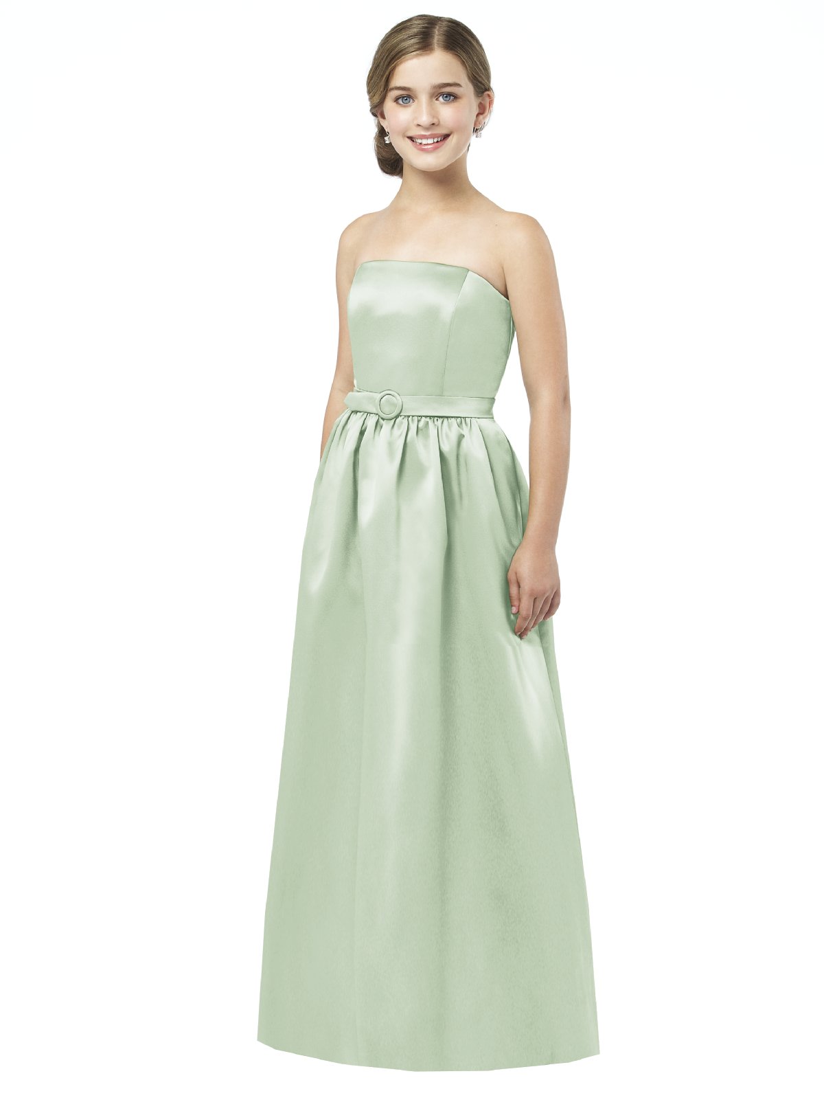 Pale Sage A Line Strapless Zipper Floor Length Satin Prom Dresses With Belt And Draped Skirt 