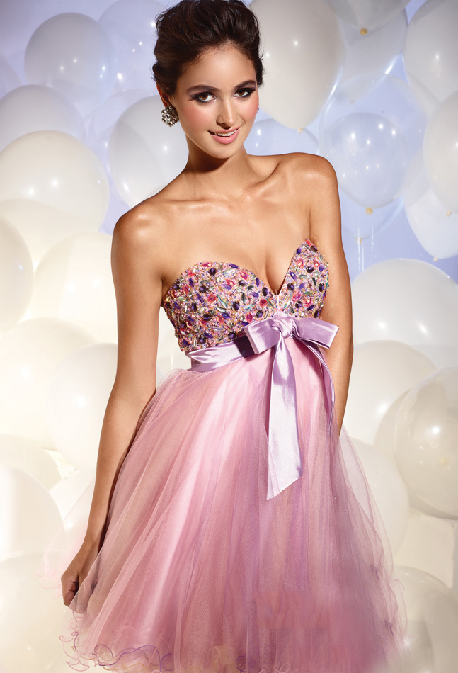 Lilac Empire Strapless Sweetheart Zipper Short Mini Chiffon Cocktail Dresses With Jewel And Sash 