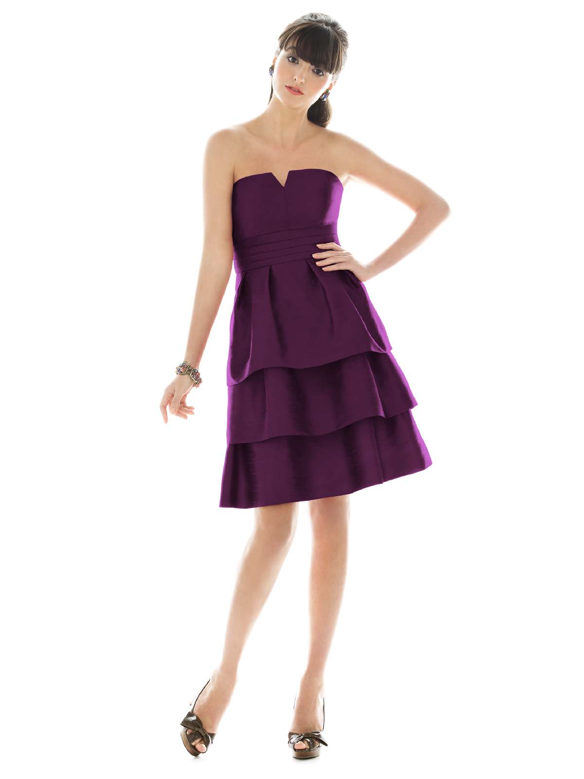 Purple A Line V Neck And Sleeveless Zipper Knee Length Pleated Tiered Prom Dresses