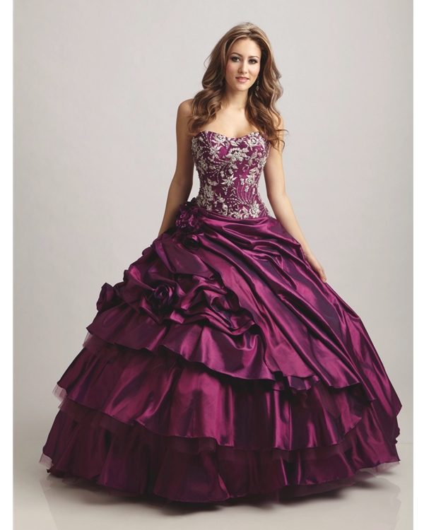 Purple Ball Gown Sweetheart Floor Length Quinceanera Dresses With White Embroidery And Ruffles And Flowers 
