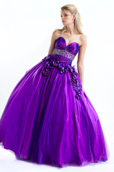 Purple Ball Gown Strapless Sweetheart Full Length Zipper Prom Dresses With Sequins And Roses