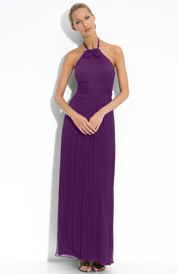 Purple Column Halter Ankle Length Zipper Chiffon Bridesmaid Dresses With Hand Made Flower 