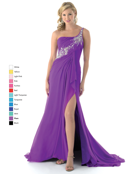 Column One Shoulder Open Back Sweep Train Full Length Beading Pleats Purple Chiffon Prom Dresses With Side Slit 