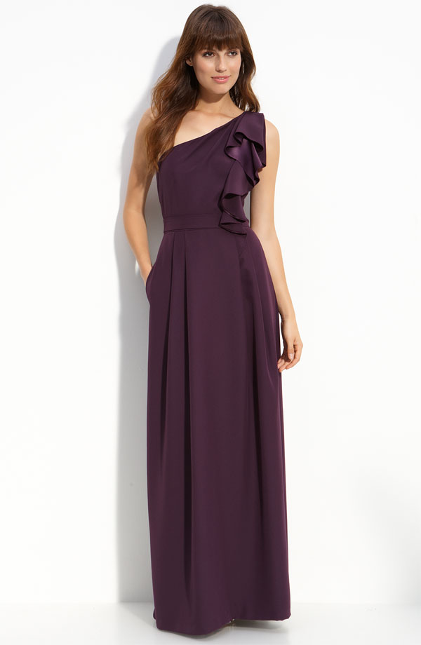 Grape Column One Shoulder Zipper Floor Length Prom Dresses With Ruffles 