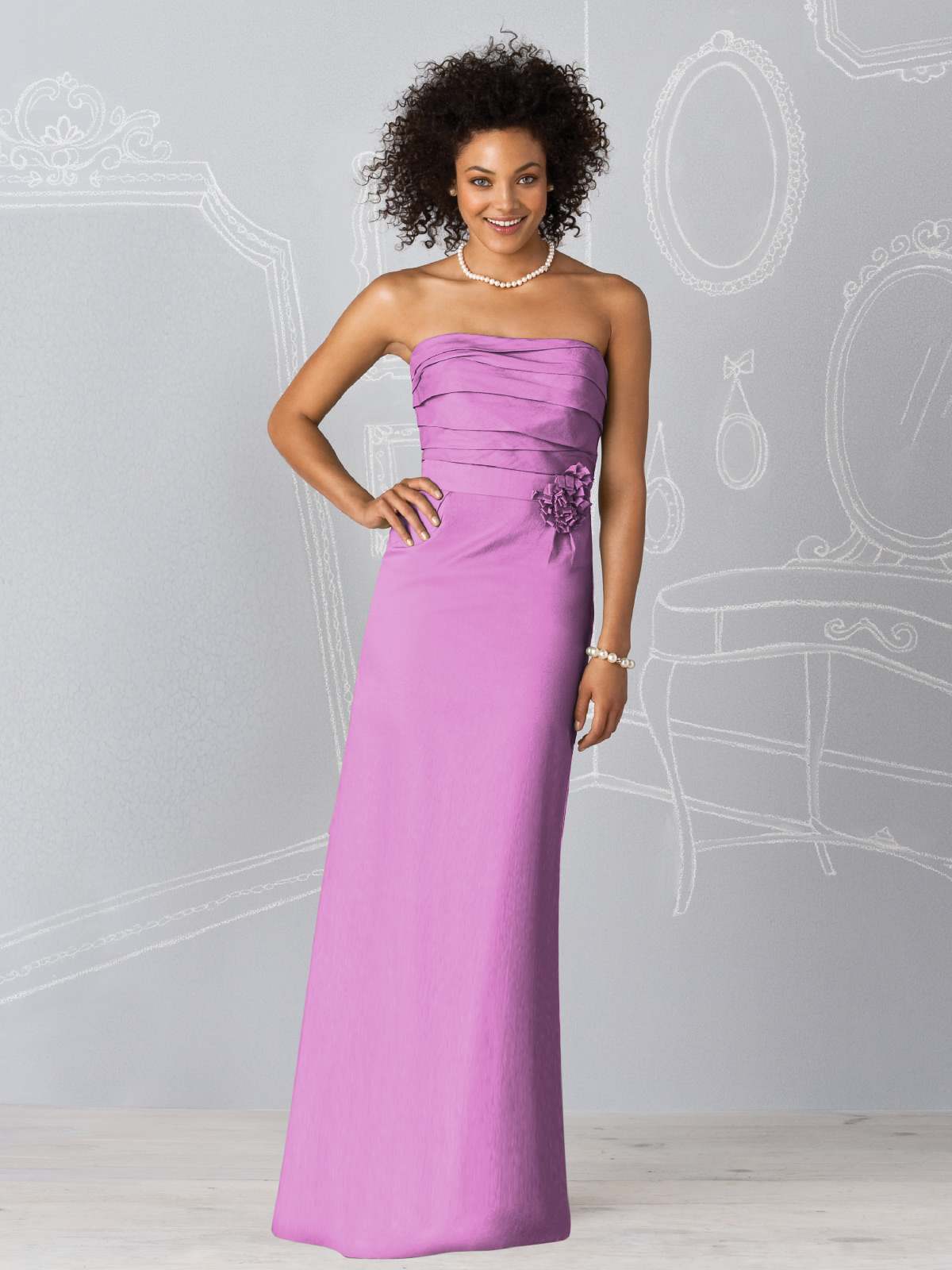 Lilac Column Strapless Zipper Floor Length Prom Dresses With Ruffles And Flowers 