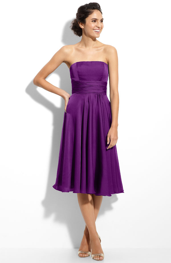 Purple Column Strapless Tea Length Zipper Pleated Satin Bridesmaid Dresses