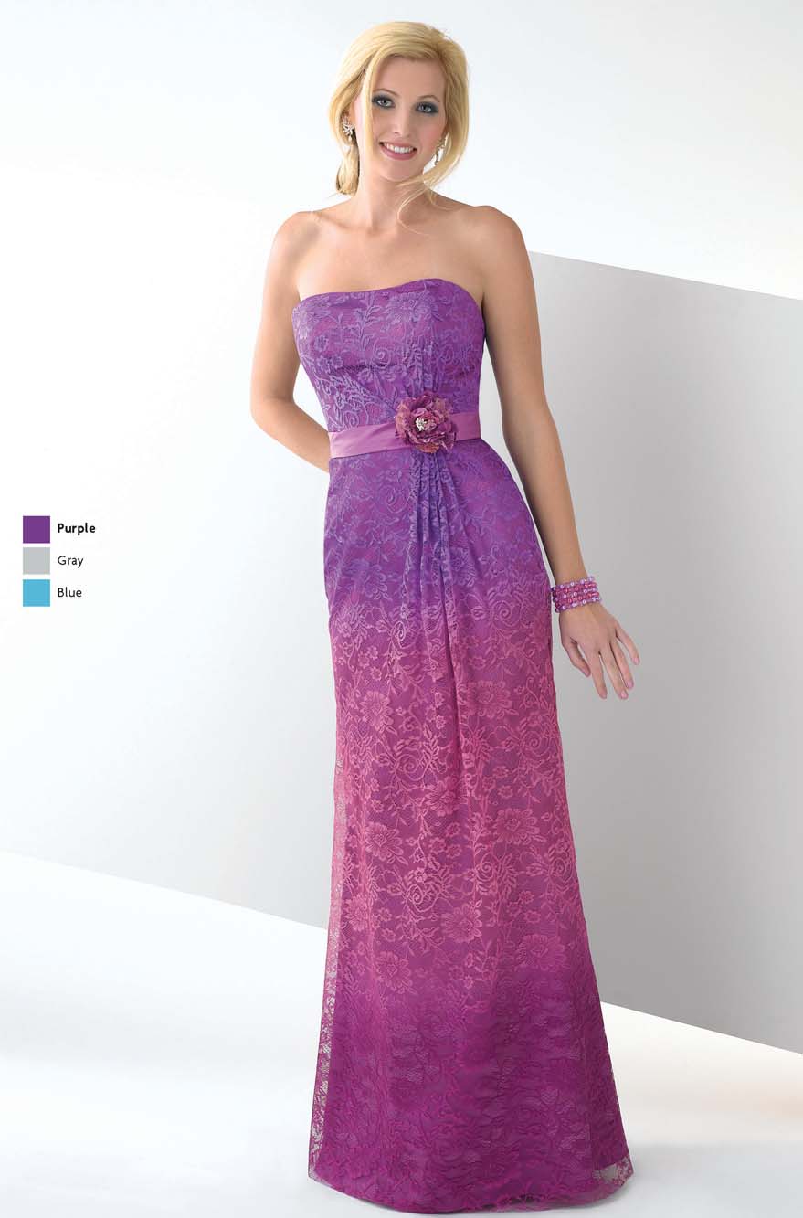 Gradient Purple Column Strapless Zipper Floor Length Lace Prom Dresses With Flowers And Belt 