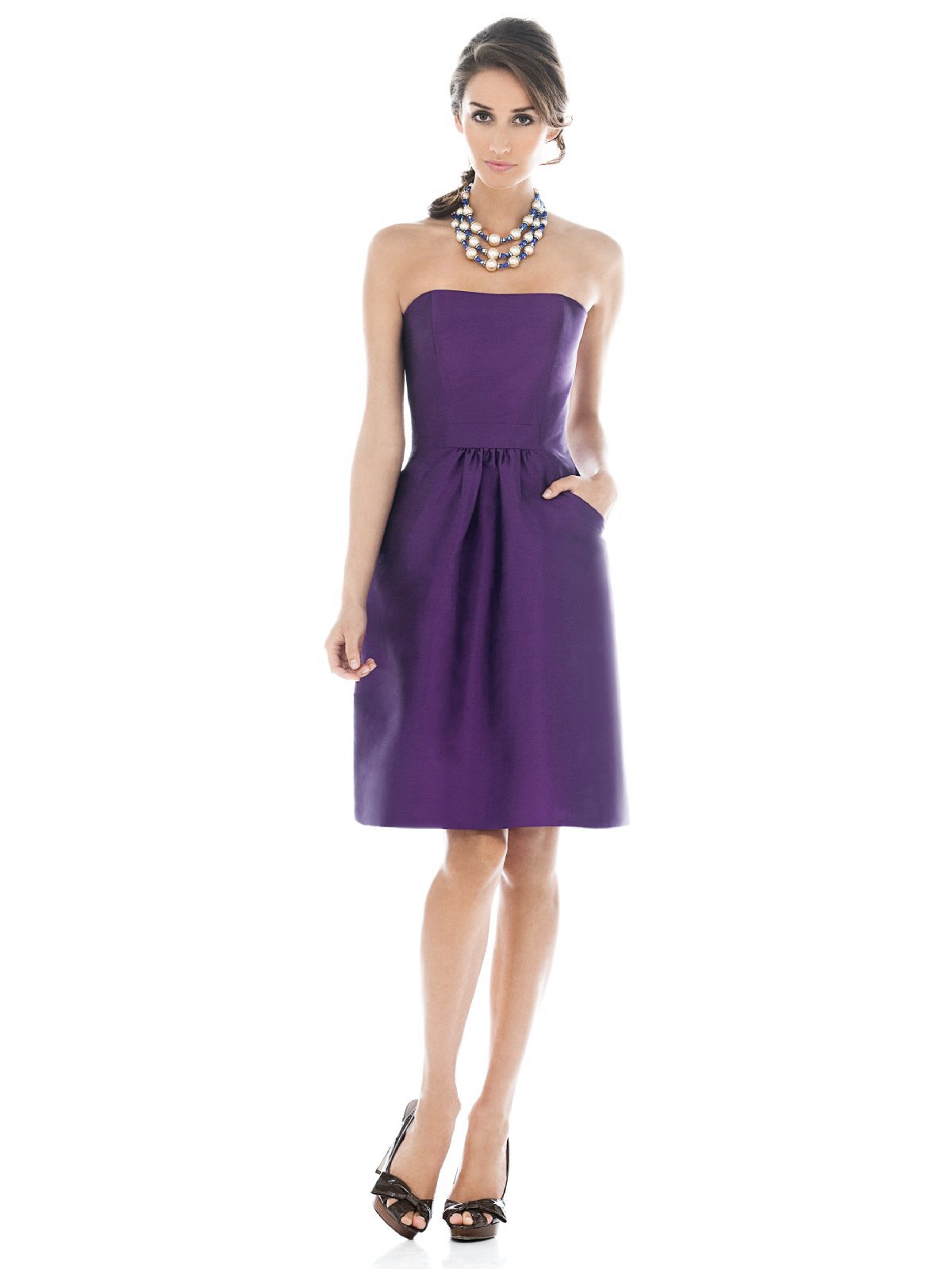 Graceful Purple Column Strapless Zipper Knee Length Prom Dresses With Drapes