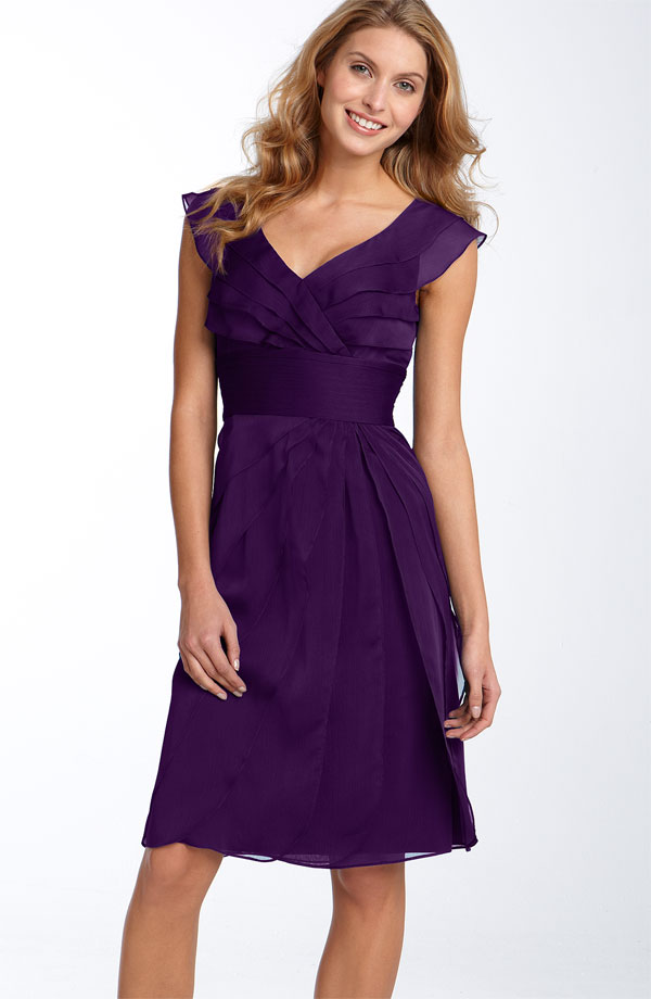 Purple Sheath Column Cap Sleeved V Neck Knee Length Zipper Ruched Chiffon Bridesmaid Dresses