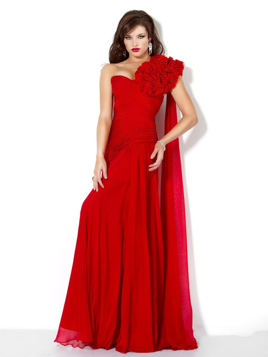 Red One Shoulder Floor Length A Line Celebrity Dresses With Drapes And Flowers