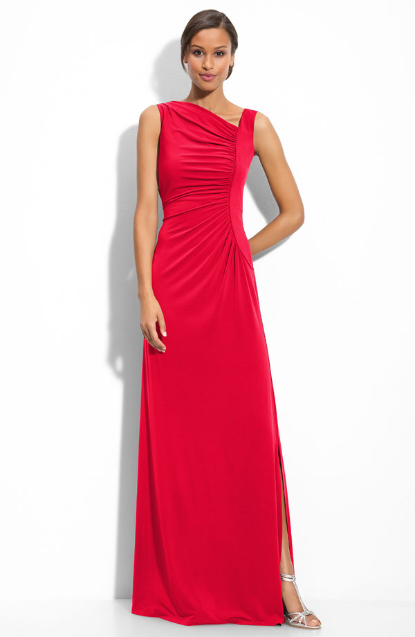 Red A Line Sleeveless Asymmetrical Neckline Floor Length Prom Dresses With High Slit 