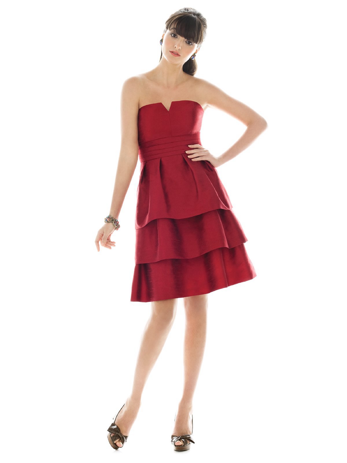 Red A Line Strapless And V Neck Zipper Ruffled Tiered Knee Length Prom Dresses