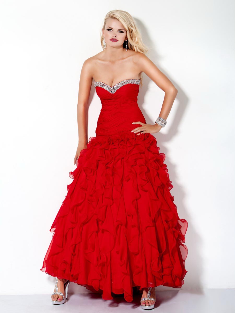 Red A Line Strapless Sweetheart Ankle Length Celebrity Dresses With Sequins And Ruffles 