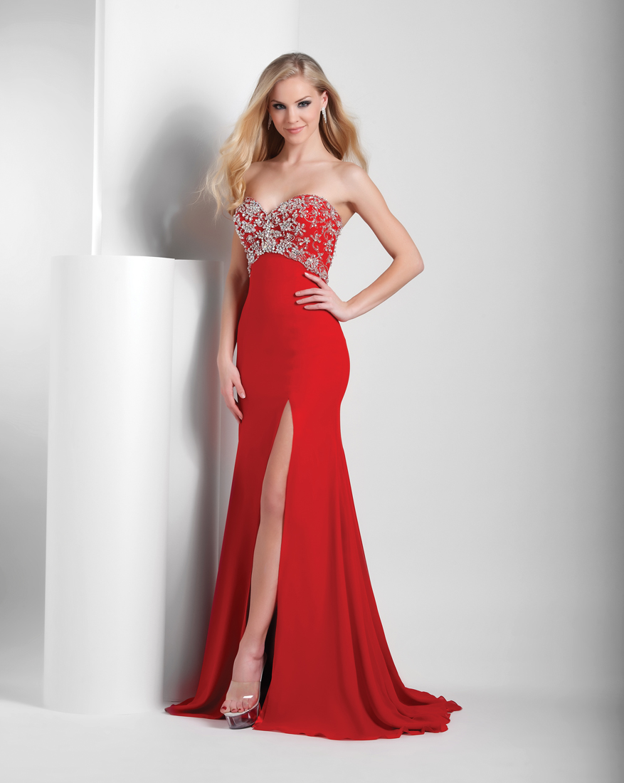 Red A Line Strapless Sweetheart Low Back High Slit Sweep Train Floor Length Beading Chiffon Prom Dresses