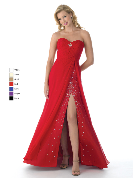 Red A Line Strapless Sweetheart Zipper Sweep Train Full Length Chiffon Prom Dresses With Sequins And High Slit 