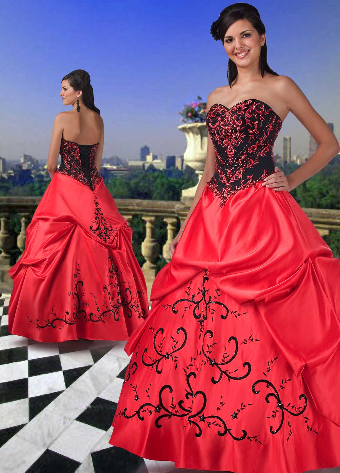 Red And Black Ball Gown Strapless Sweetheart Full Length Quinceanera Dresses With Embroidery And Ruffles 