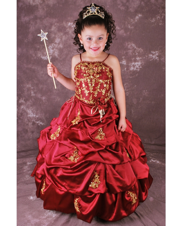 Burgundy Ball Gown Spaghetti Straps Full Length Flower Girl Dresses With Twist Drapes And Gold Embroidery