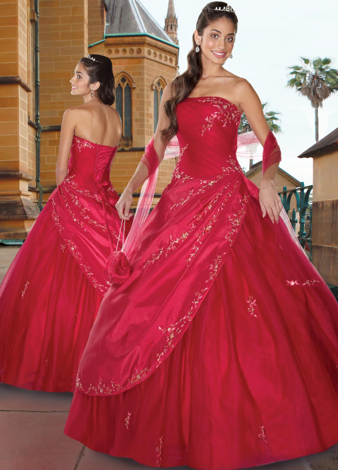 Red Ball Gown Strapless Lace up Floor Length Embroidered and Ruffled ...