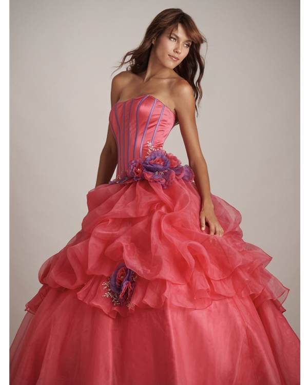 Coral Red Ball Gown Strapless Lace Up Floor Length Quinceanera Dresses With Flowers And Ruffles 