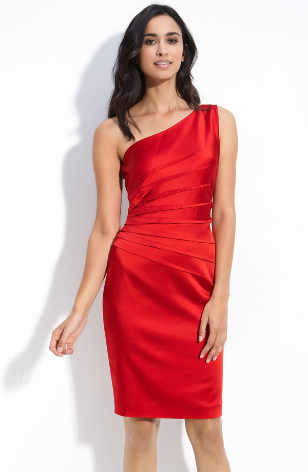 Red Column One Shoulder Knee Length Satin Prom Dresses With Drapes