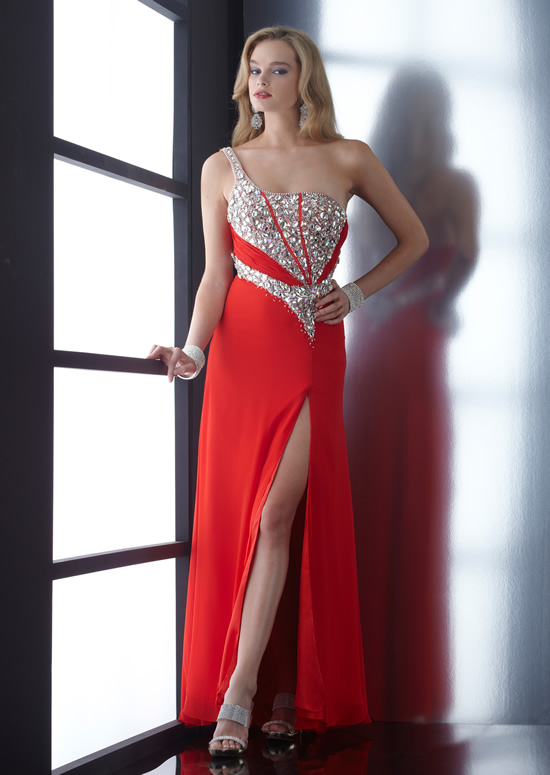 Red Column One Shoulder Zipper Floor Length Chiffon Evening Dresses With Beadings And High Slit 