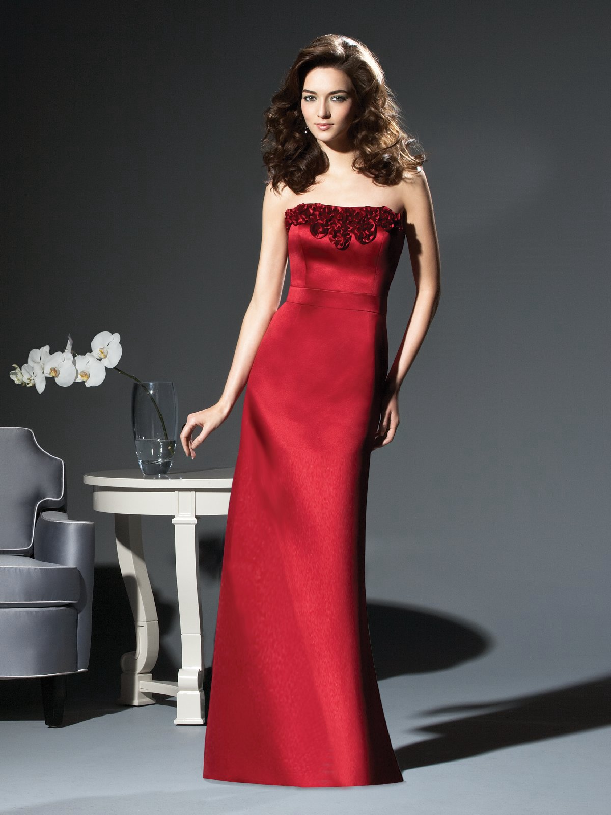 Elite Red Column Strapless Floor Length Satin Prom Dresses With Rosette 