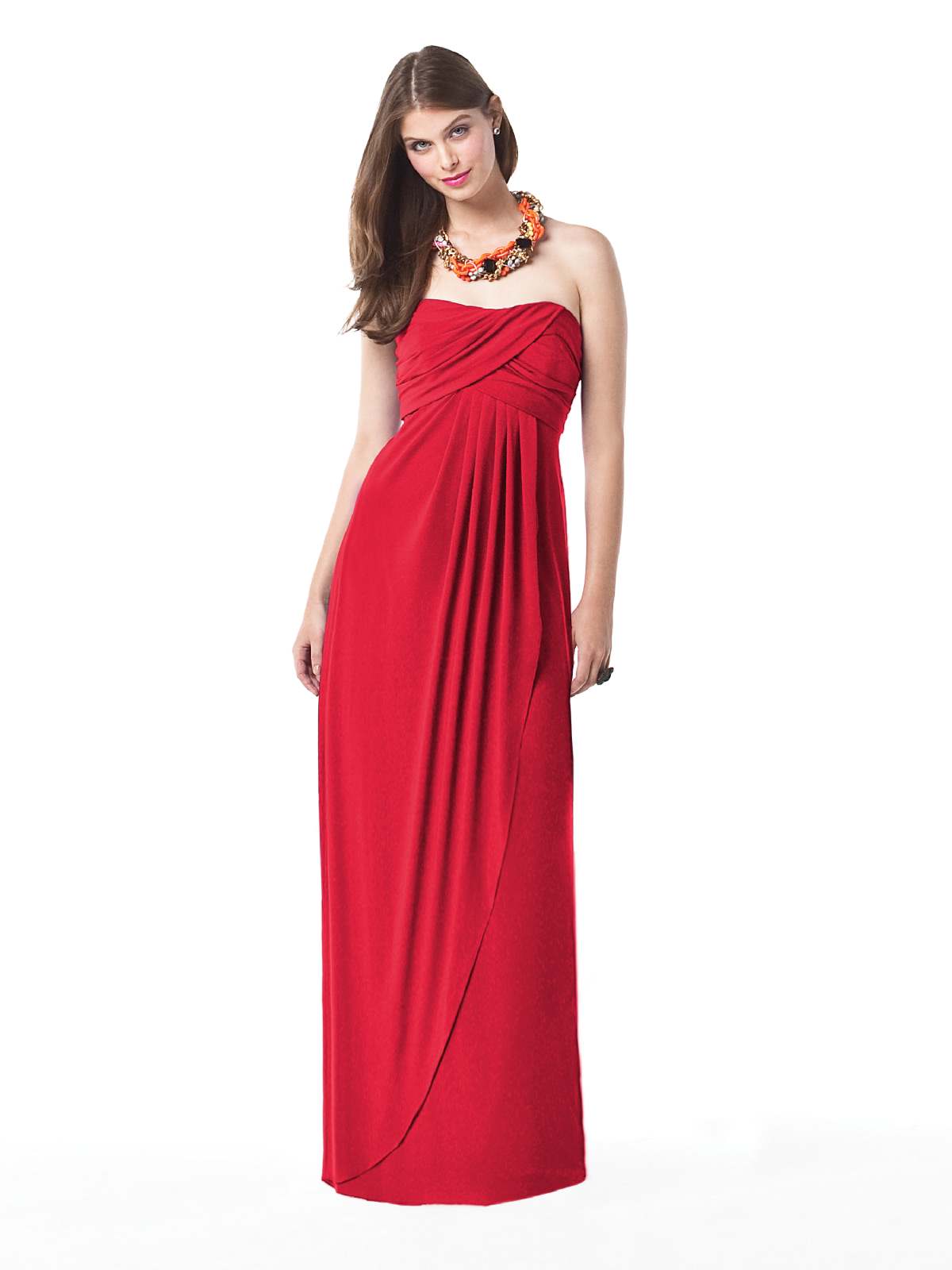 Red Empire Strapless Drape Floor Length Chiffon Prom Dresses With Ruffles 