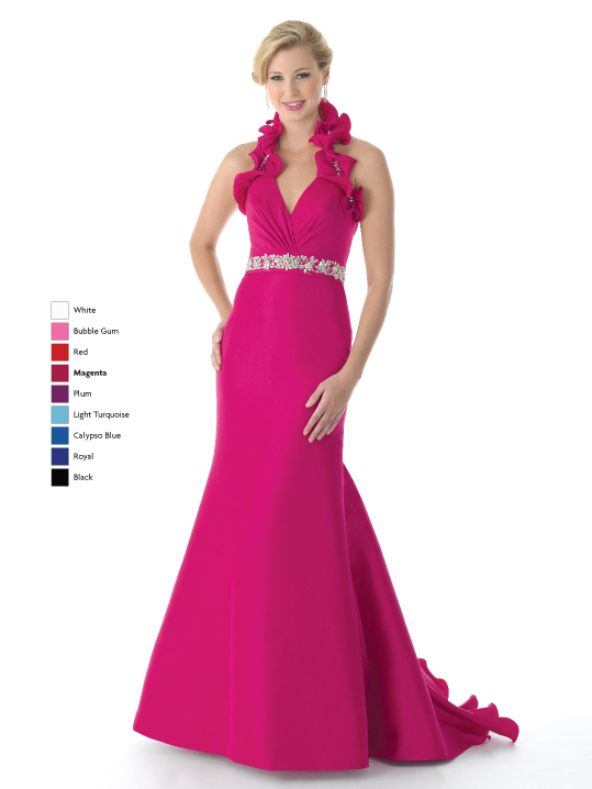 Magenta Mermaid Halter And V Neck Lace Up Sweep Train Full Length Satin Prom Dresses With Beading And Ruffles 