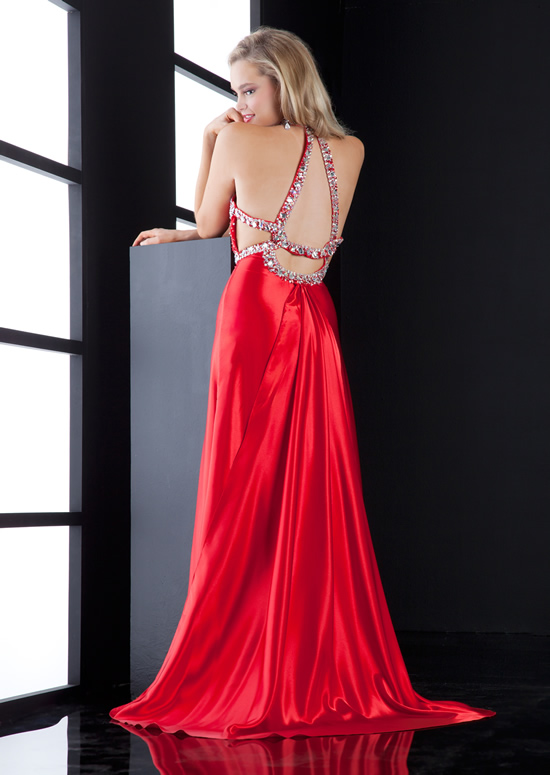 Red Halter Open Back Sweep Train Floor Length Mermaid Evening Dresses With Beading And High Slit 