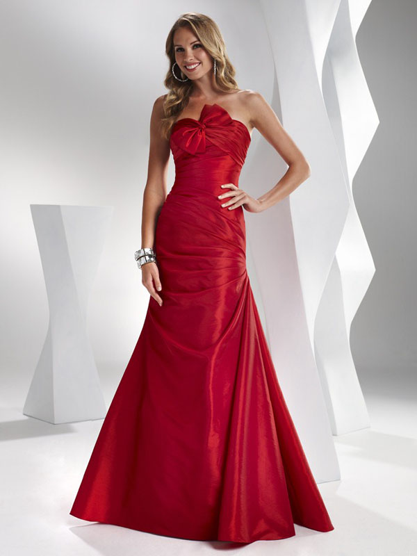 Strapless Full Length Lace Up Red Mermaid Satin Prom Dresses With Bowknot