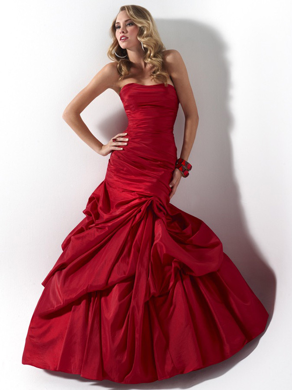 Hot Sale Mermaid Strapless Full Length Lace Up Red Prom Dresses With Ruffles 