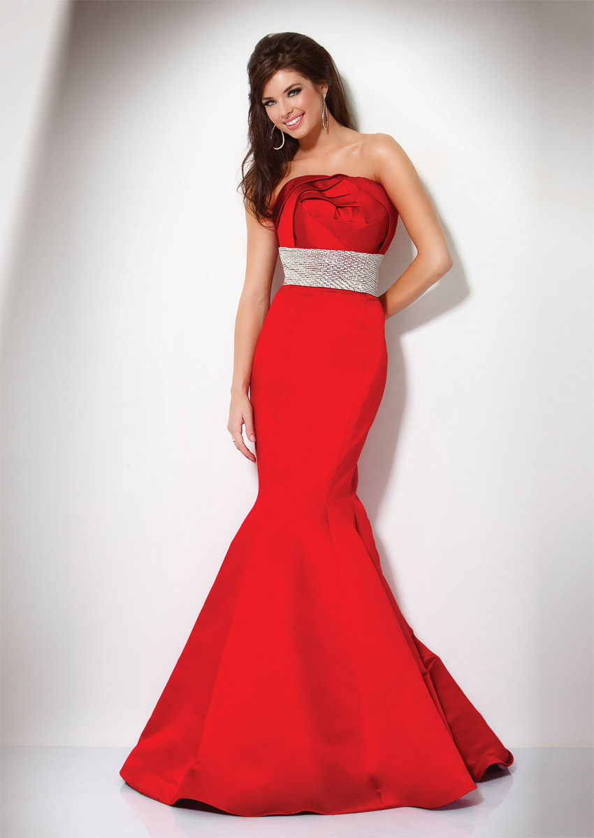 Red Mermaid Strapless Sweep Train Floor Length Satin Evening Dresses With Sequined Belt 