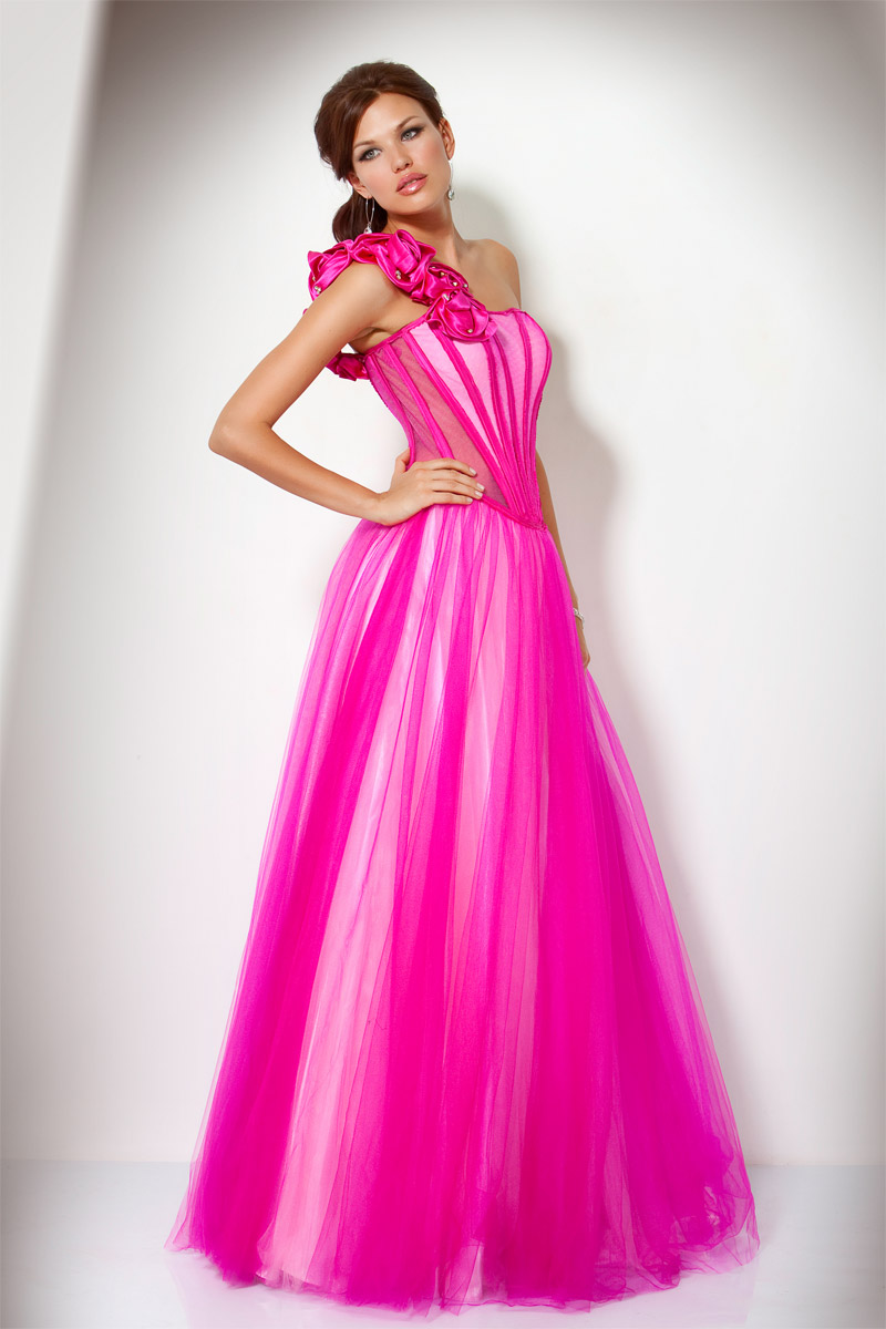 Rose A Line One Shoulder Floor Length Zipper Tulle Prom Dresses With Rosette